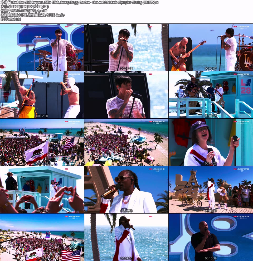 [4K] Red Hot Chili Peppers, Billie Eilish, Snoop Dogg, Dr. Dre – 2024巴黎奥运会闭幕式演出 [2160P UHDTV]4K LIVE、4K MV、HDTV、WEB、欧美MV、欧美现场、音乐现场、高清MV8